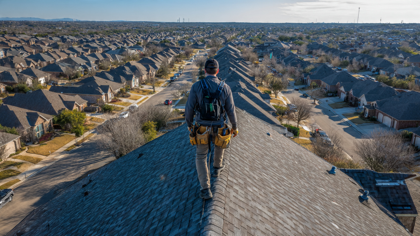 Roofer walking across a steep asphalt shingle roof with tool belt during inspection.