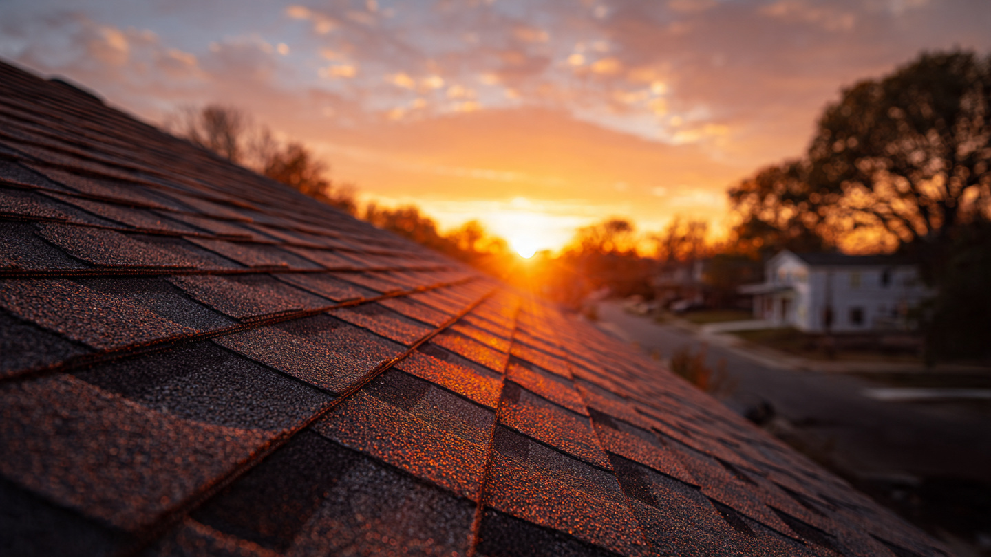 Wide-angle shot of a home with new roof illuminated by golden hour light.