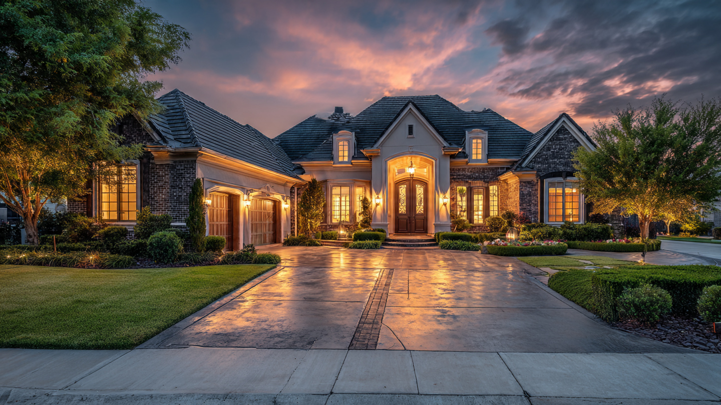 Drone shot of a large luxury home with symmetrical architecture and dark roof.