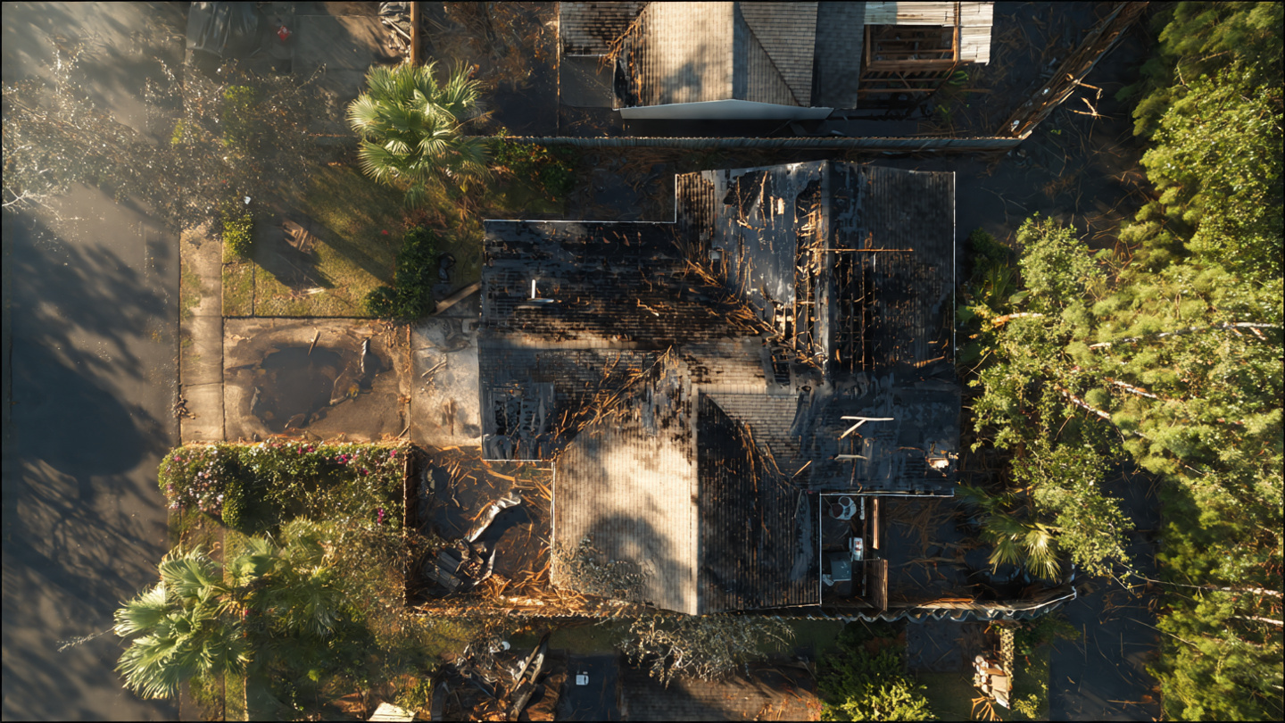 Damaged asphalt roof with visible water intrusion and temporary blue tarp covering.