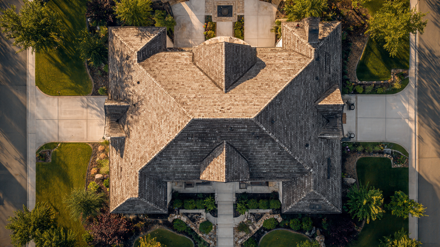 Top-down aerial view of a symmetrical home with newly installed asphalt shingles.