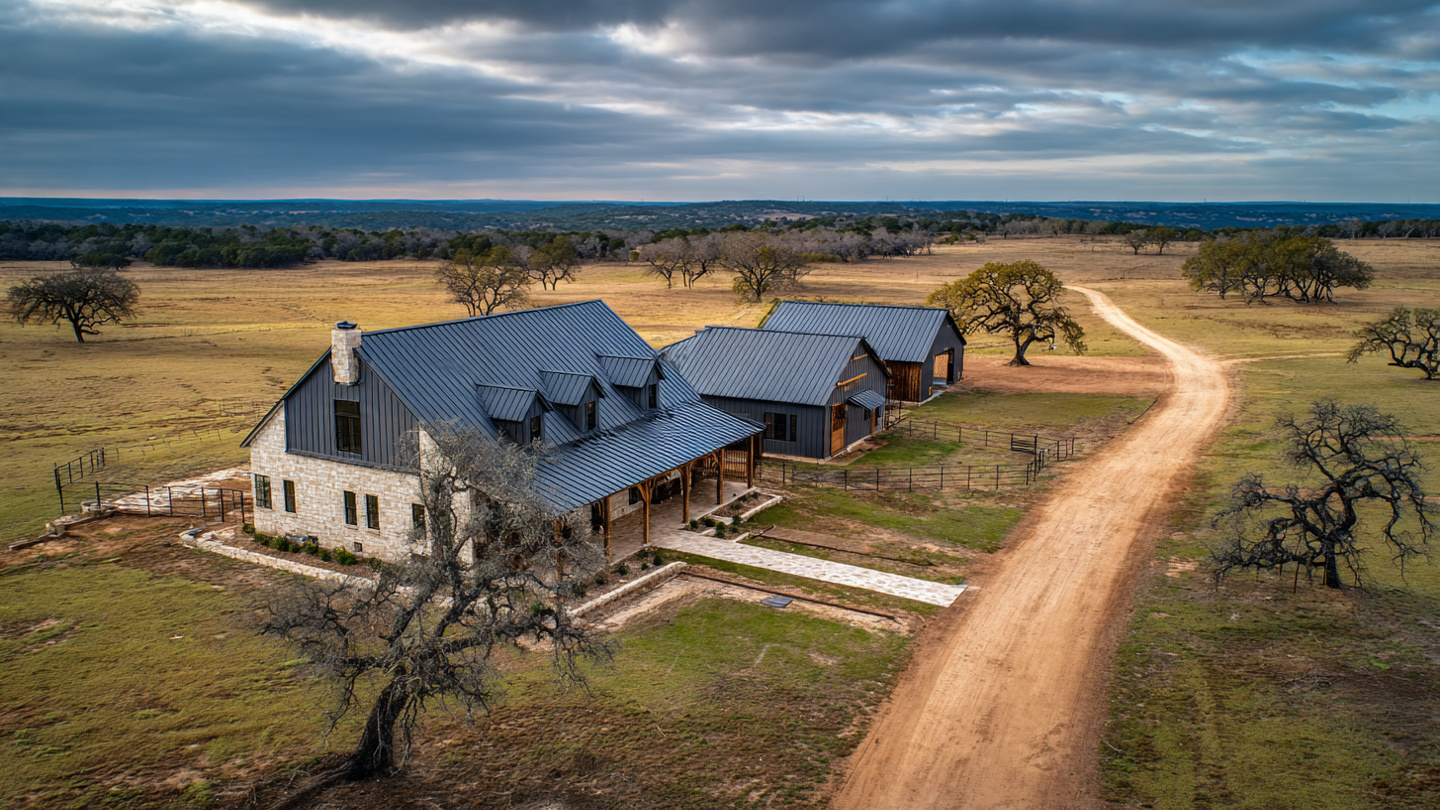 Aerial view of rural property featuring a farmhouse and adjacent barn with metal roofs.