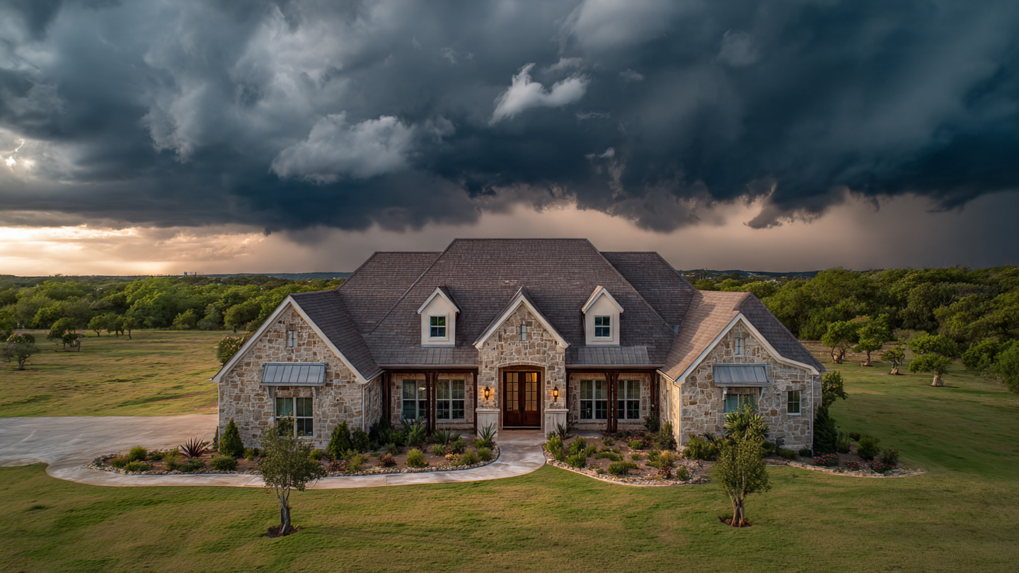 Luxury home with dark impact-rated shingles under dramatic cloudy skies.