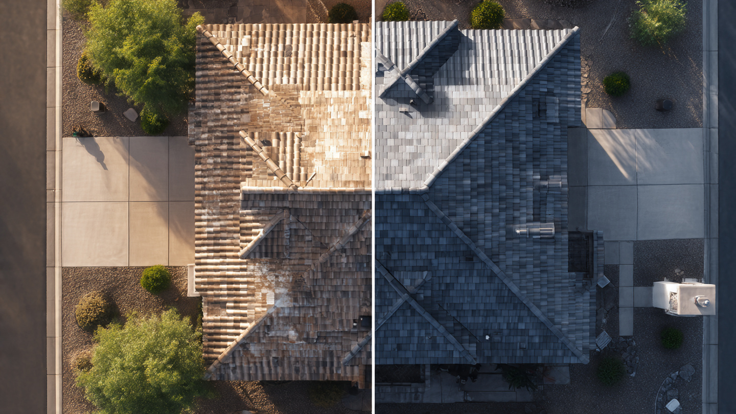 Split image comparing old worn roof on left with new luxury roof on right.